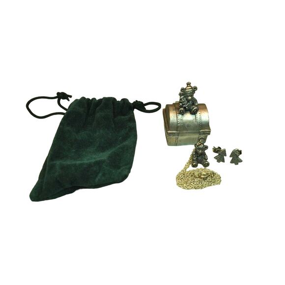 Pewter Teddy Bear Necklace & Xmas Tree Earrings Inside Teddy Bear Box with Bag - Picture 3 of 5